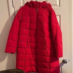 Woman Within Vibrant Red Puffer Jacket